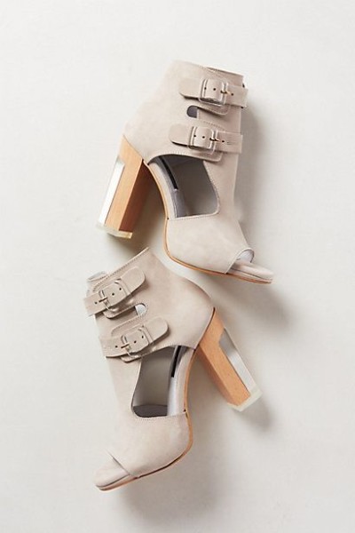 Solaria Heels - anthropologie.com Soft gray, open bootie/sandal concept with a ridiculous block heel I love. 
