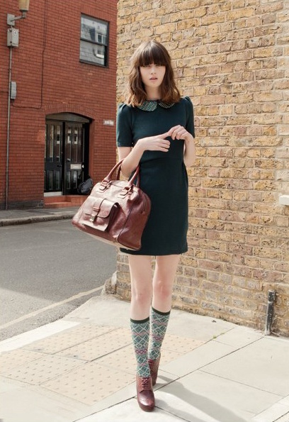 Closet staples brought to a whole new level with the addition of a collar and knee-high socks.