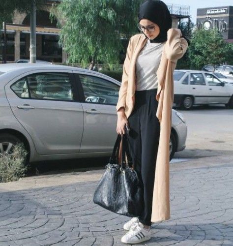 neutral long coat sporty hijab style