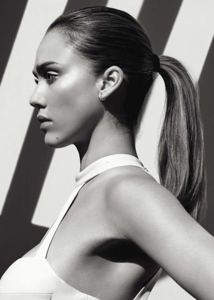 Actress Jessica Alba shows off a sleek ponytail hairstyle