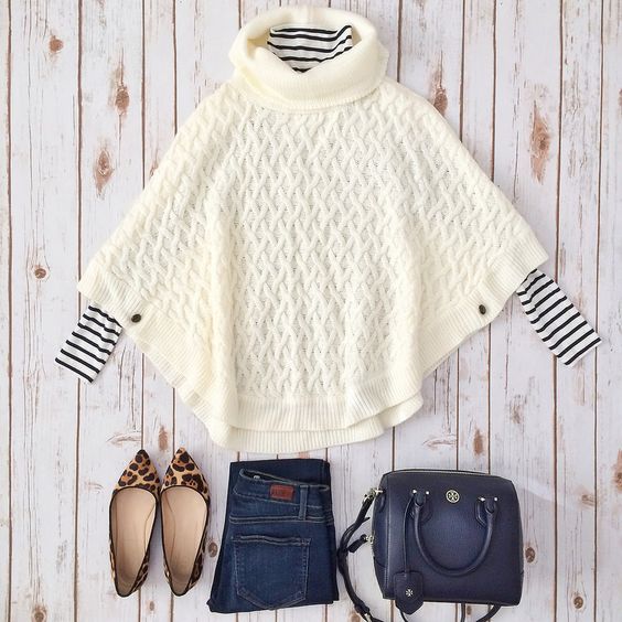 Forever 21 cable knit poncho and striped turtleneck