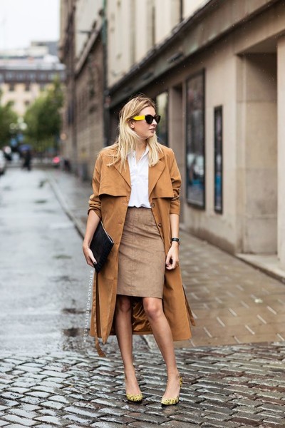 Worn long and boxy, a camel trench looks like it was borrowed it from a boyfriend.