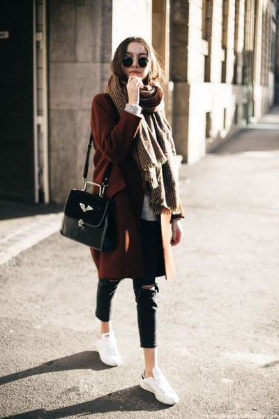 skinny jeans with coat and shawl