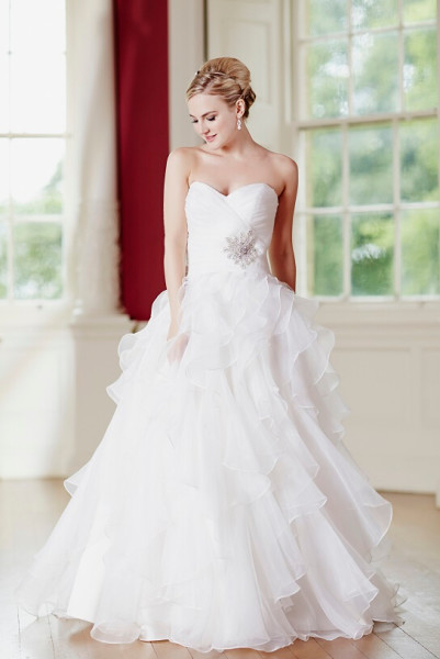 (Shop click here) Strapless Pleated Bodice Cascaded Organza Wedding Dress with Crystal