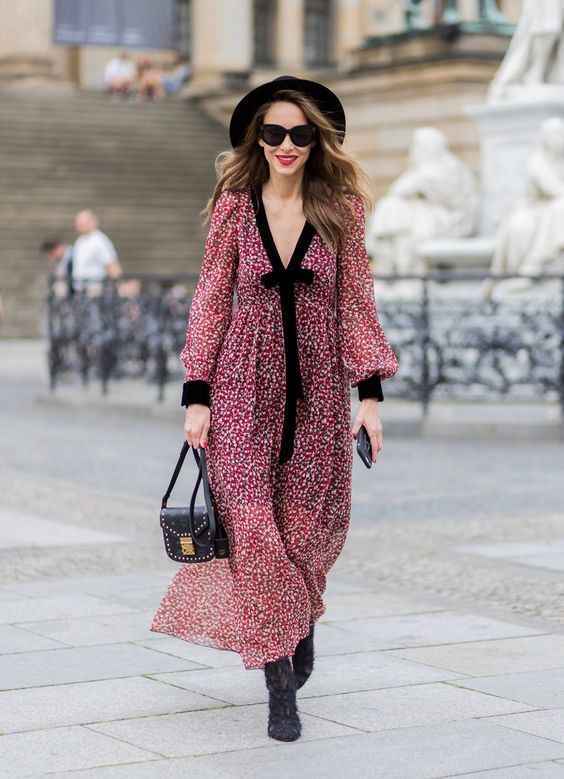 Alexandra Lapp- Boho Style- red and cream floral print maxi dress with black ribbon tie detail and ankle boots