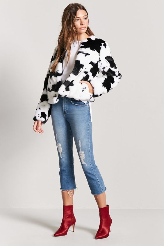 Cow Print Faux Fur Jacket