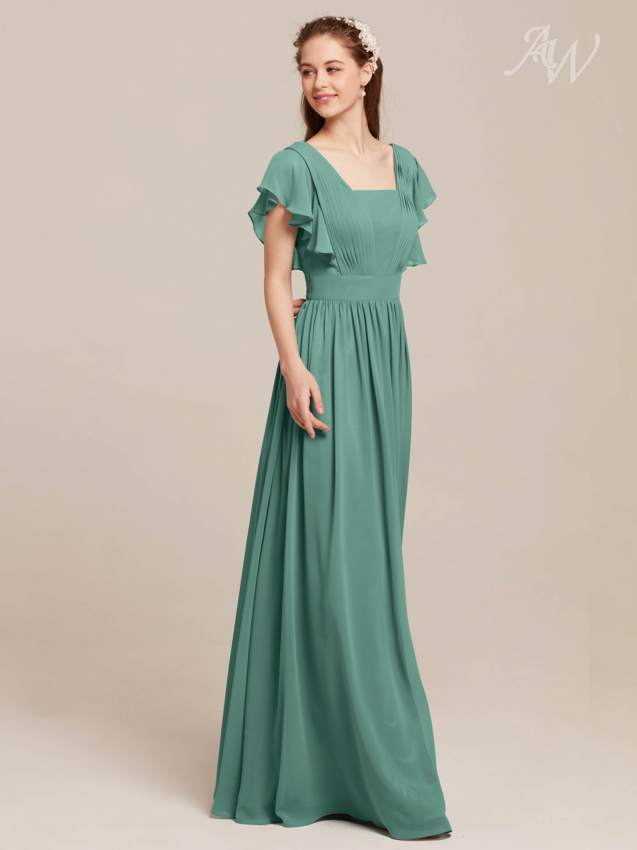Clemmie Square Neck Butterfly Sleeves Long Formal Dresses-Honeydew