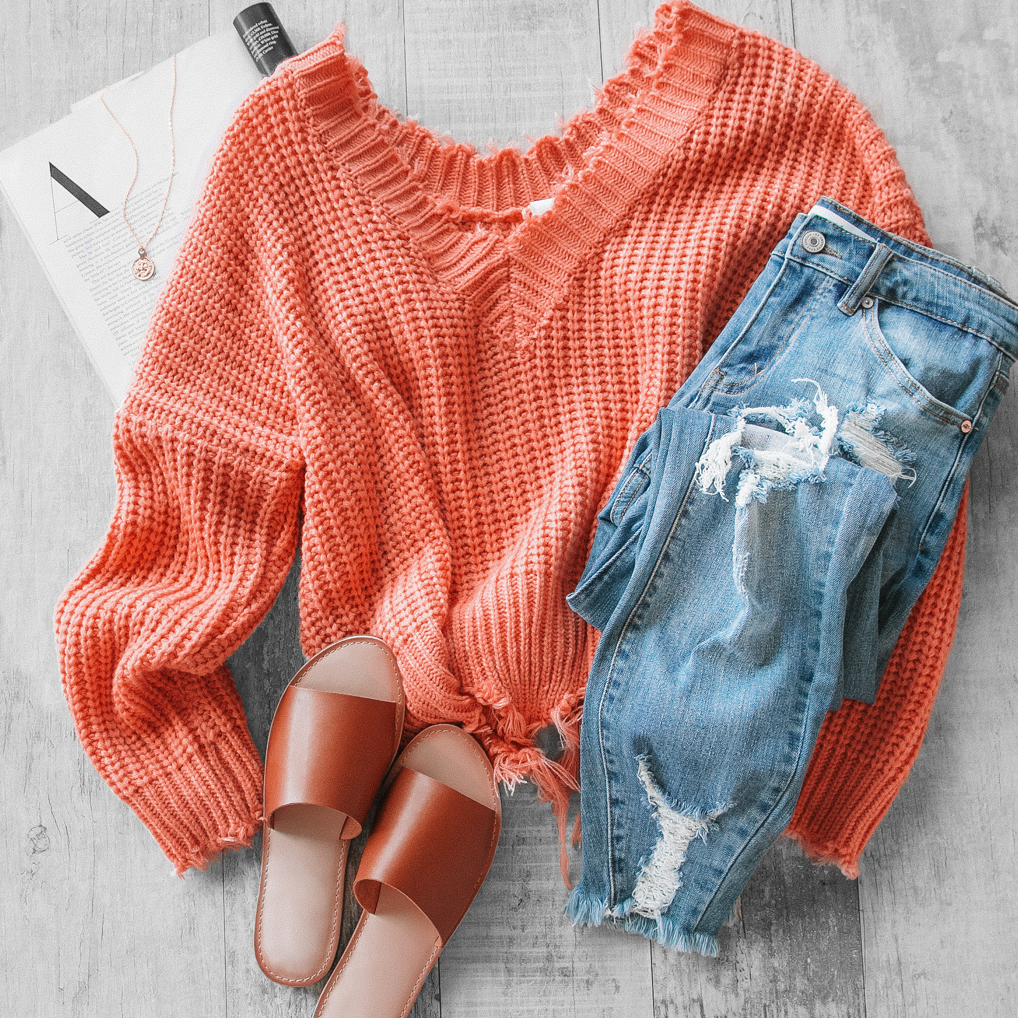 MARNIE CORAL DISTRESSED KNIT SWEATER