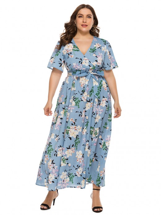 Fiercely Light Blue Maxi Dress Flower Print Tie Waist Feminine Confidence