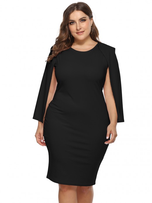 Ravishing Black Cape Sleeve Round Neck Plus Size Dress Stretchy