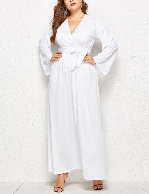 Slimming White Self-Tie Belt Queen Size Ruched Dress Unique Fashion