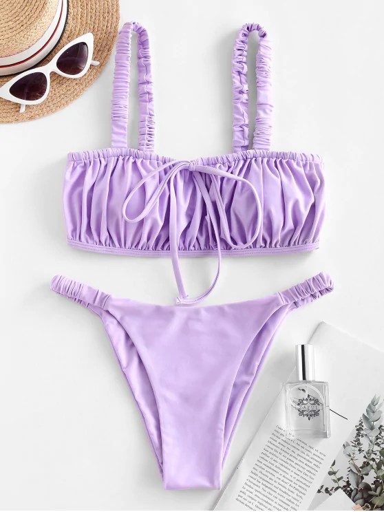ZAFUL Elastic Straps Ruched Bikini Swimsuit - Lavender Blue